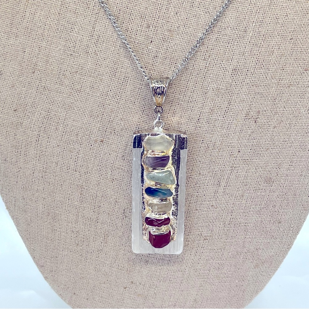 38’ Chain with Selenite Chrystal Pendant & 7 Chakra Gemstone Necklace
